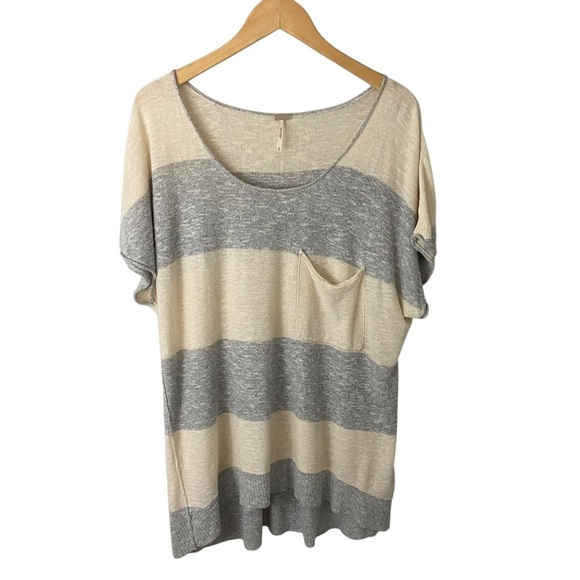 Free People Beach Wide Stripe Top Tee Linen Cotton Blend Grey White Sz M Coastal - Picture 1 of 8